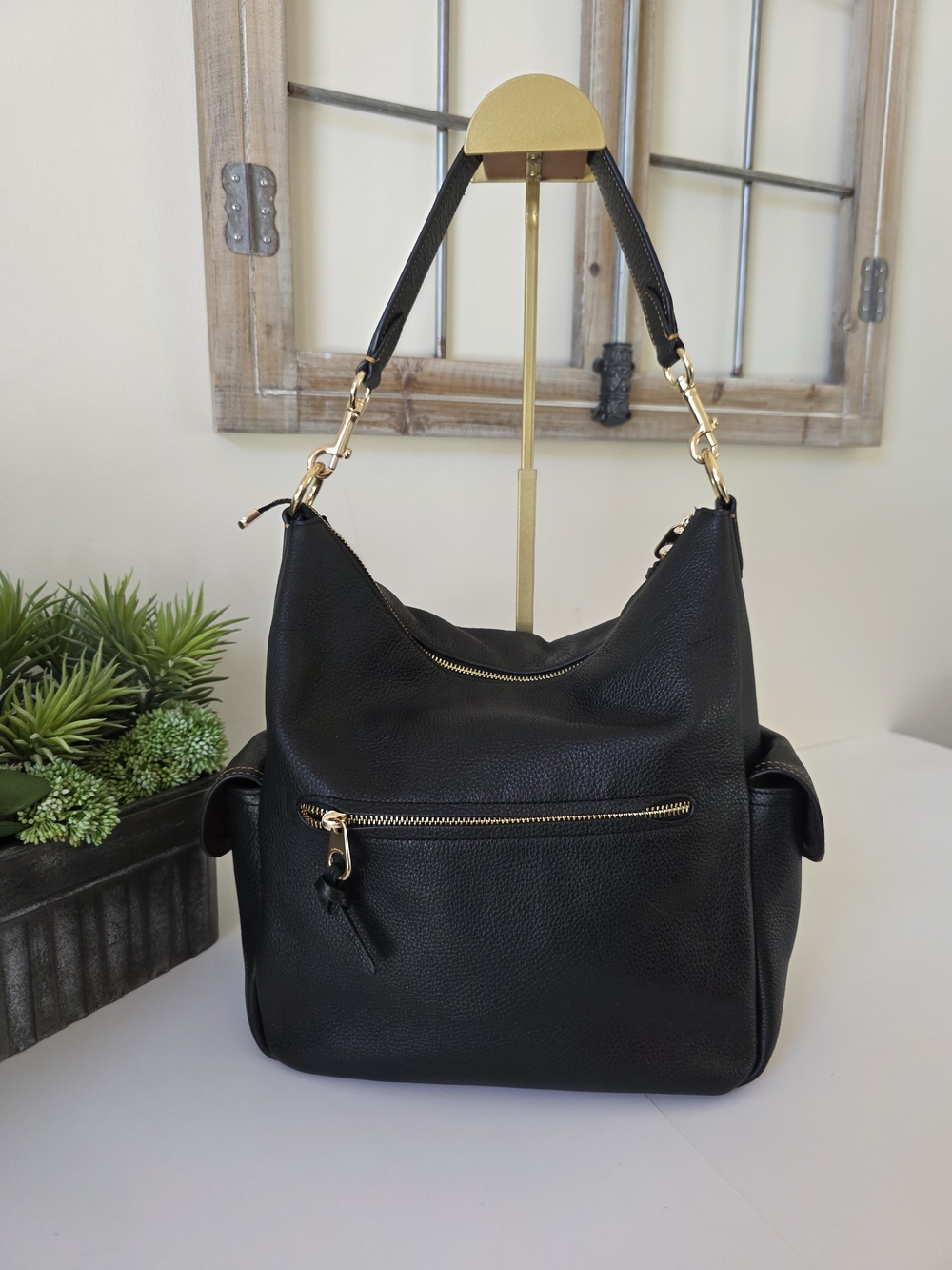 Coach Pennie Hobo Shoulder Bag Black Pebbled Leather Gold Tone C Mini Charm - Picture 5 of 13